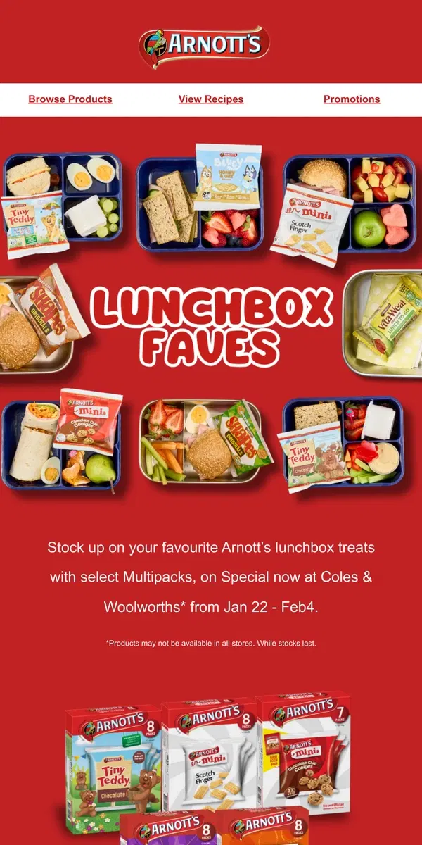 Email from Arnott's. On Sale Now! Shop Arnott’s Lunchbox Favourites ✏️