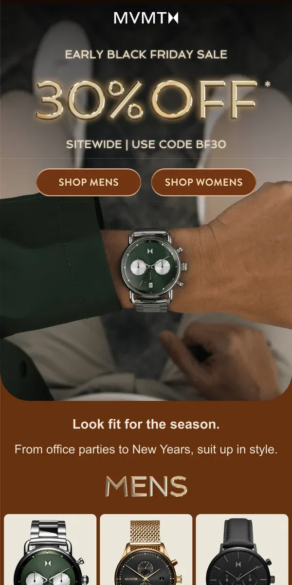 Email from MVMT. Your Holiday Party to New Years Watches