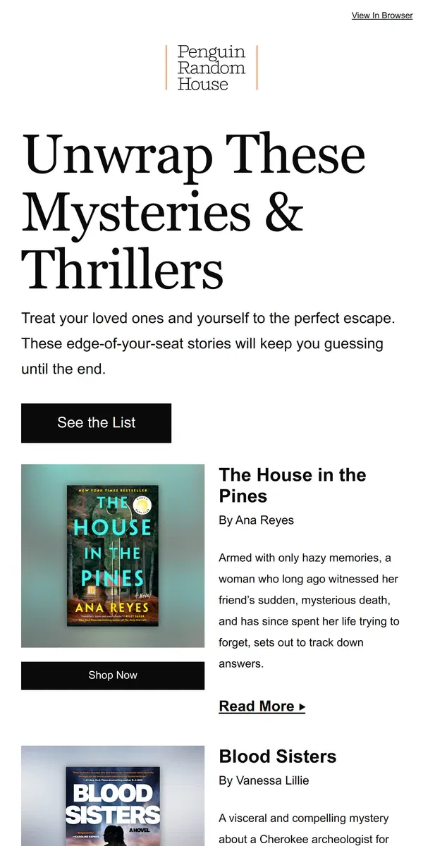 Email from Penguin Random House. Chilling Mysteries and Thrillers for Every Sleuth