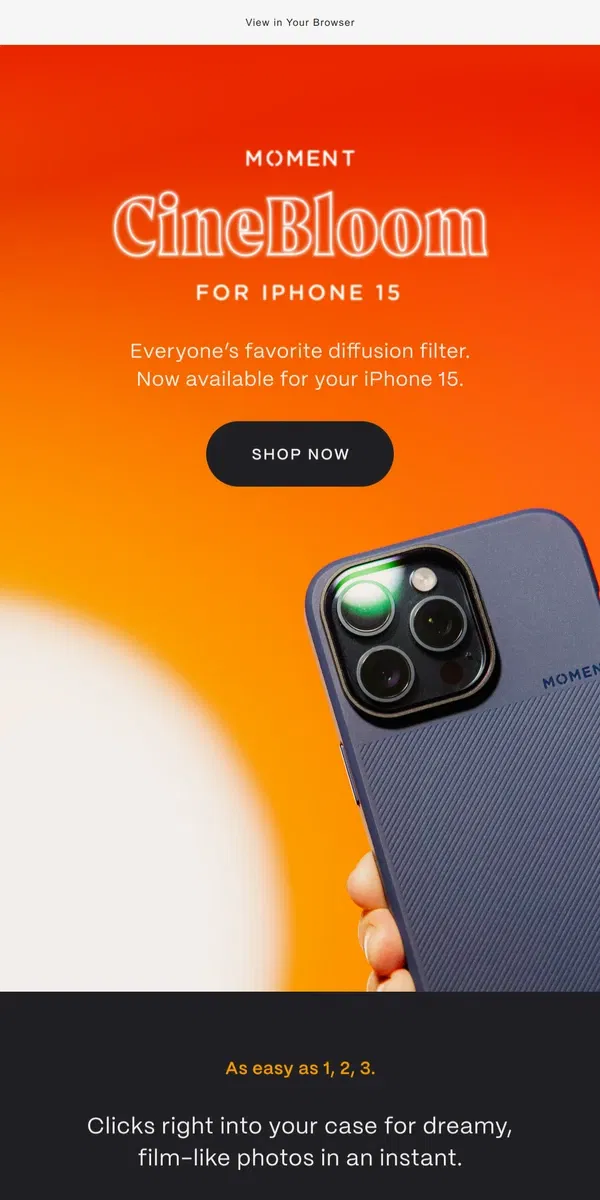 Email from Moment. CineBloom for iPhone 15