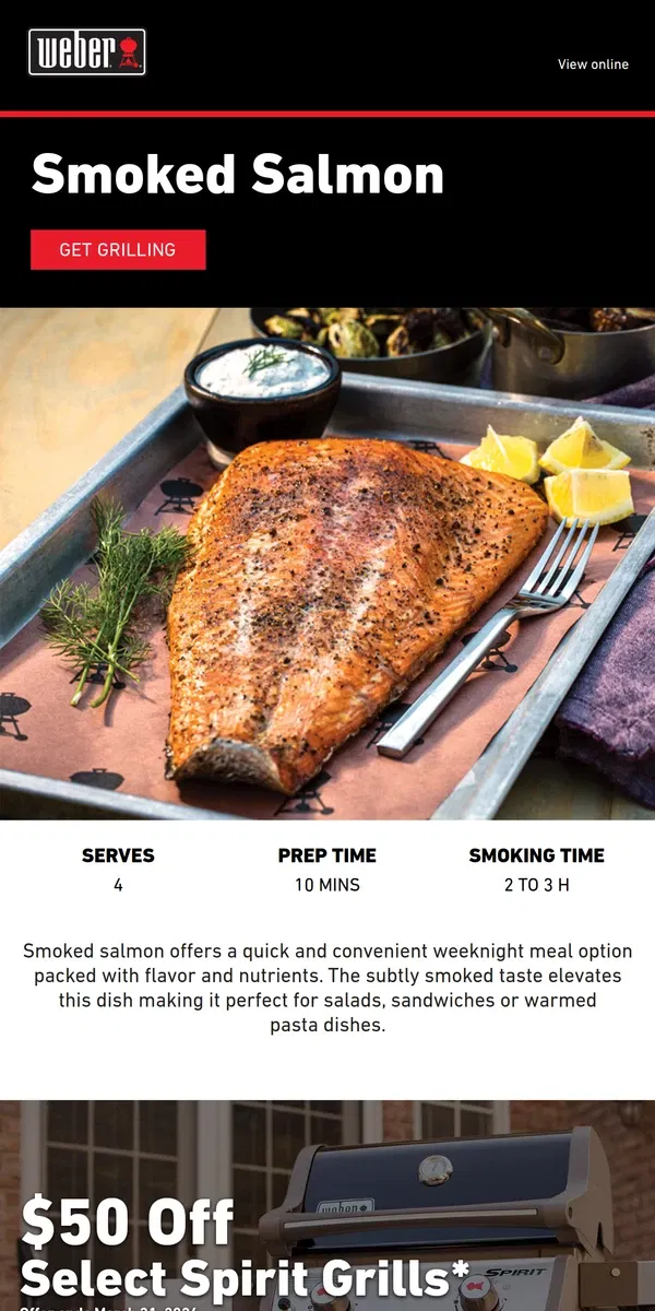 Email from Weber. Make Weeknights Special with Smoked Salmon