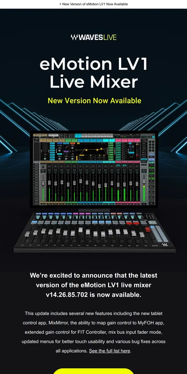 Email from Waves Audio. NEW MixMirror Live App: Full Remote Plugin Control for LV1