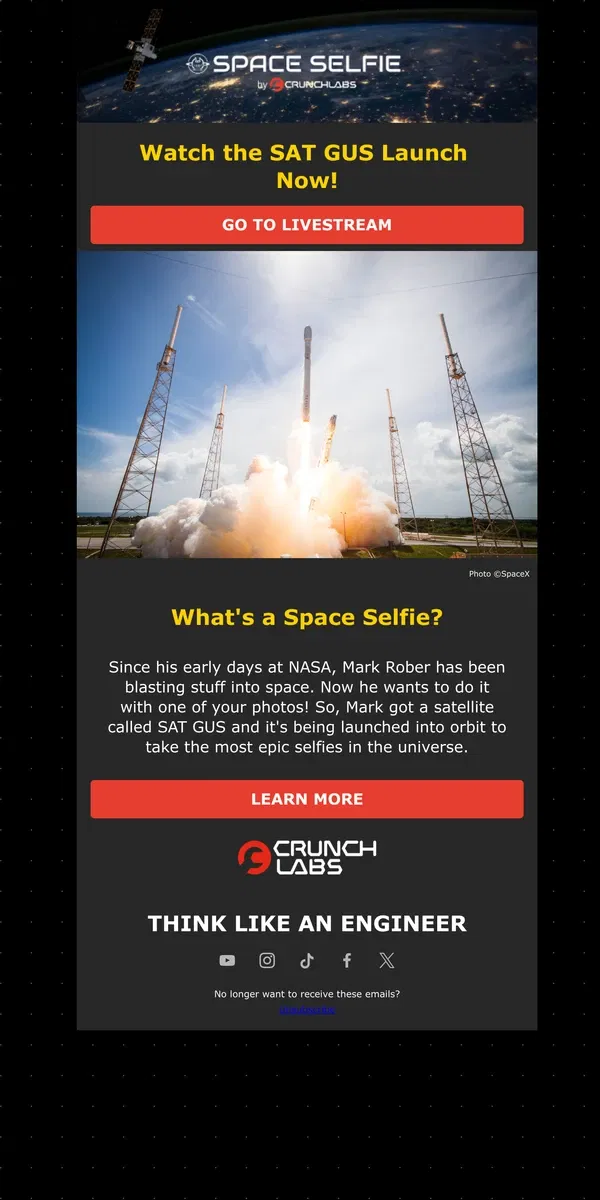 Email from CrunchLabs. 3...2...1 Blast Off! Watch SAT GUS Launch in to Space 🚀