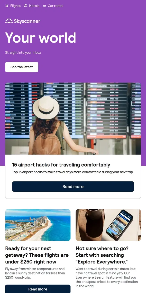 Email from Skyscanner. 15 airport hacks for traveling comfortably