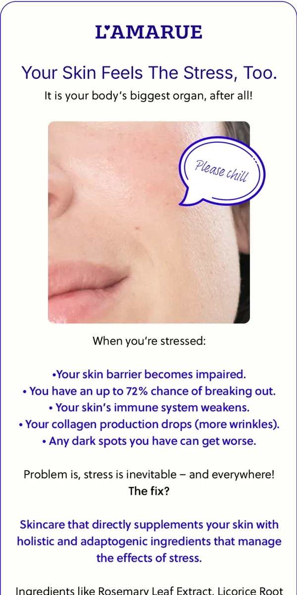 Email from L'AMARUE. Skin on Stress 101 😵