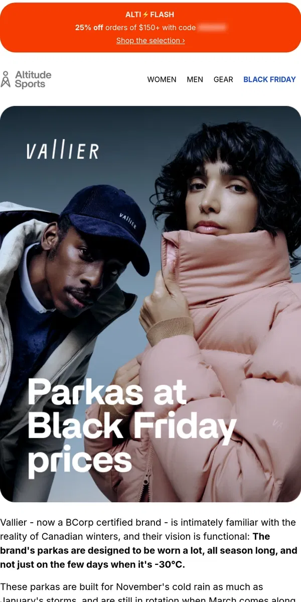 Email from  Altitude Sports. VALLIER PARKAS | At Black Friday prices