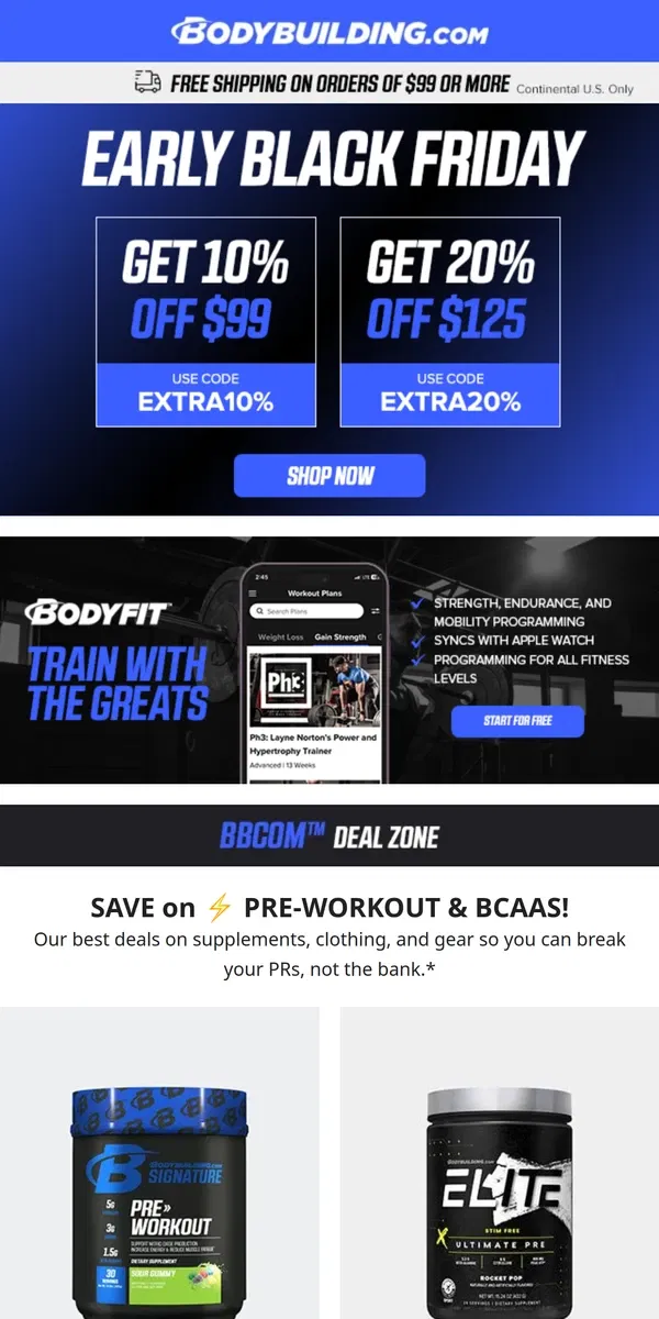 Email from Bodybuilding.com. SAVE on ⚡ PRE-WORKOUT & BCAAS! + Get The Pec Pump Of Your Life!