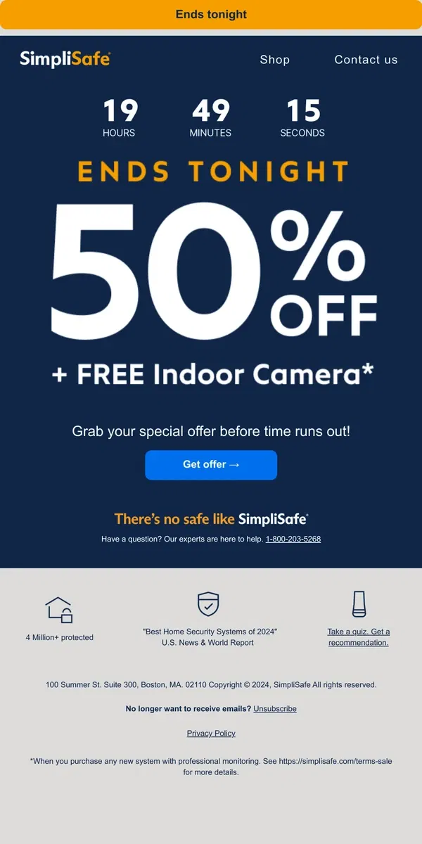 Email from SimpliSafe. Final countdown: your discount ends tonight