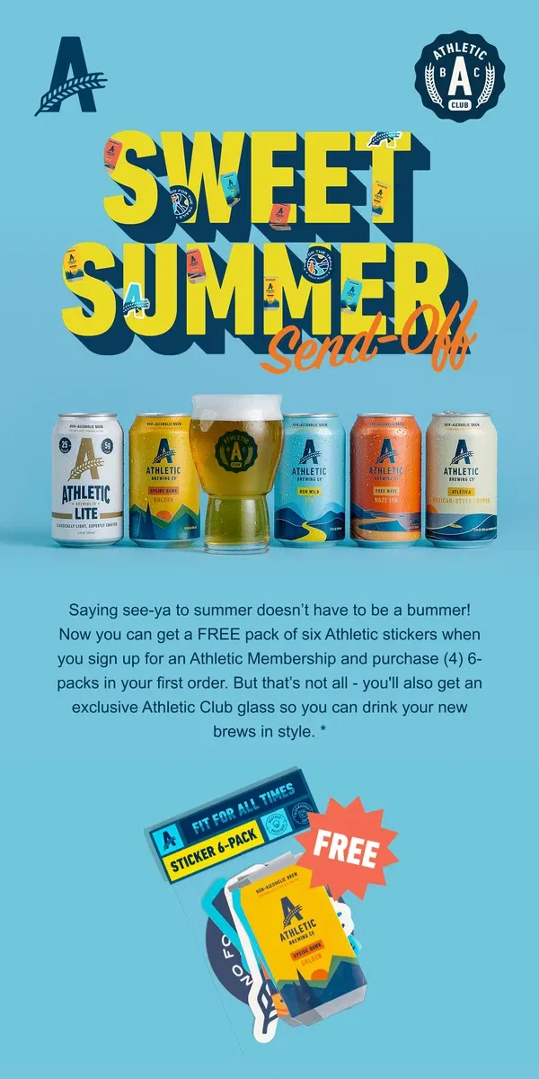 Email from Athletic Brewing Co. It’s sweet treat summer! Get a free sticker book with membership…