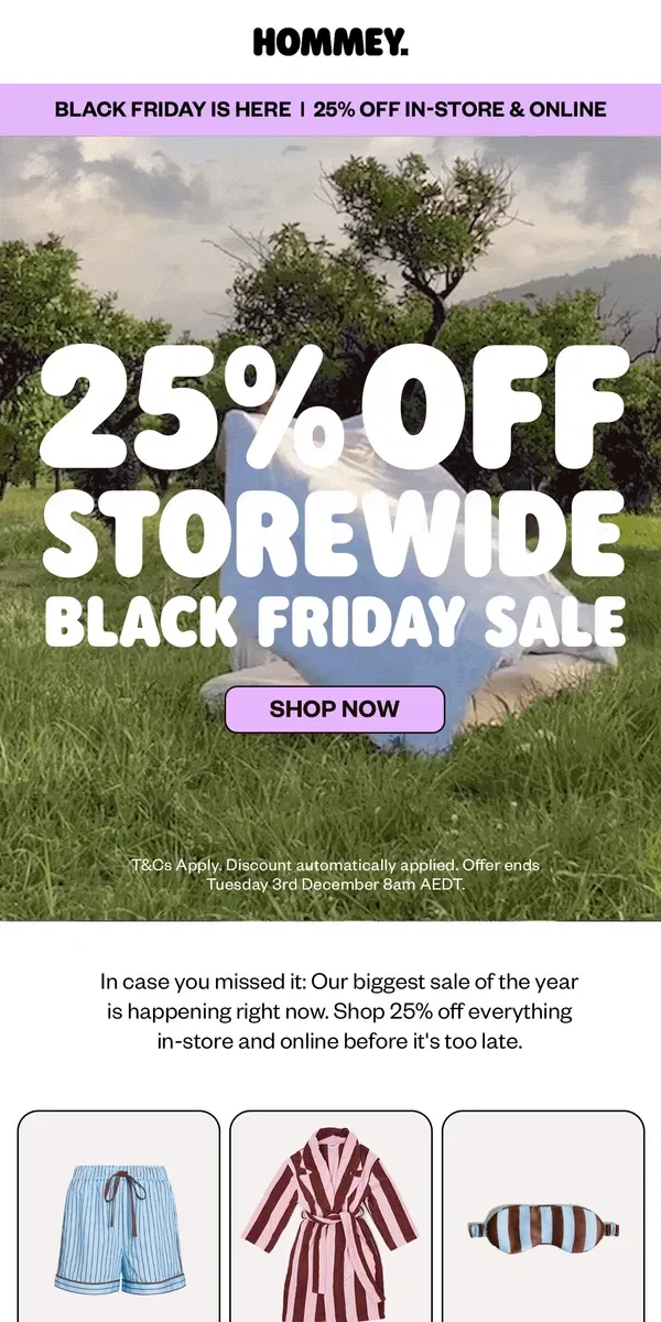 Email from Hommey. 25% OFF EVERYTHING ☁️