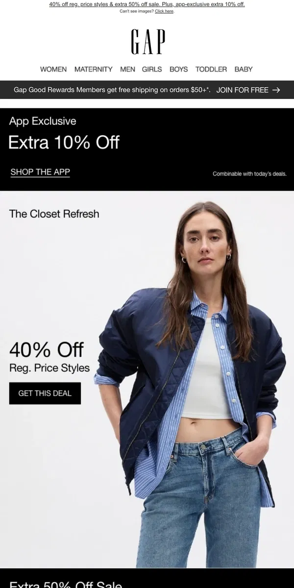 Email from GAP. Because you're appreciated, enjoy an EXTRA 50% off sale + app-only bonus 10%