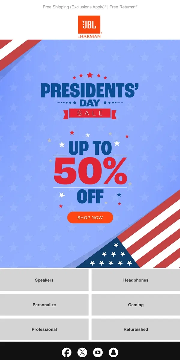 Email from JBL. Act Fast! Up to 50% Off JBL – Presidents’ Day Sale Ends Soon!