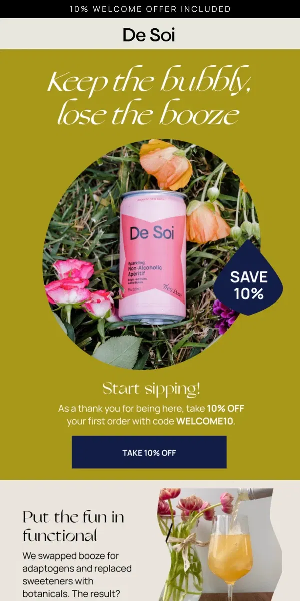 Email from De Soi. Cheers! Here's 10% off your next order 🥂