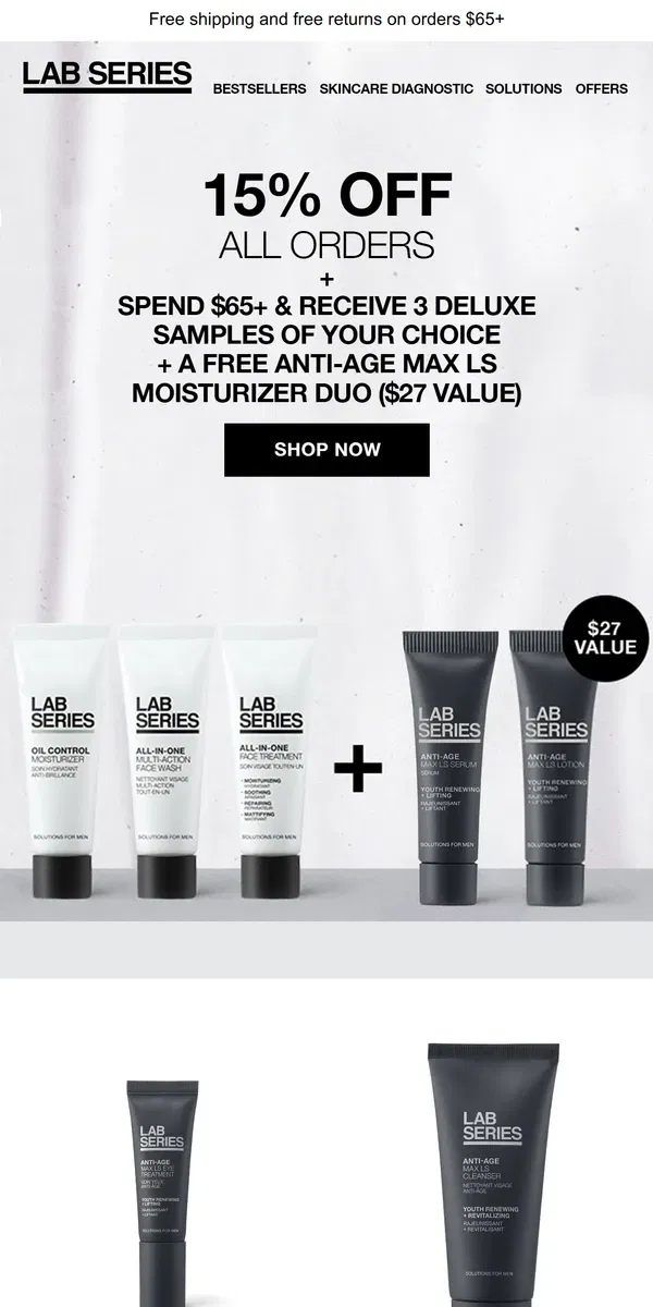 Email from Lab Series. 15% Off Sitewide + 5 Deluxe Samples