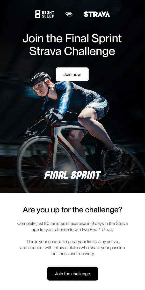 Email from Eight Sleep. NOW LIVE: Join our Strava Challenge