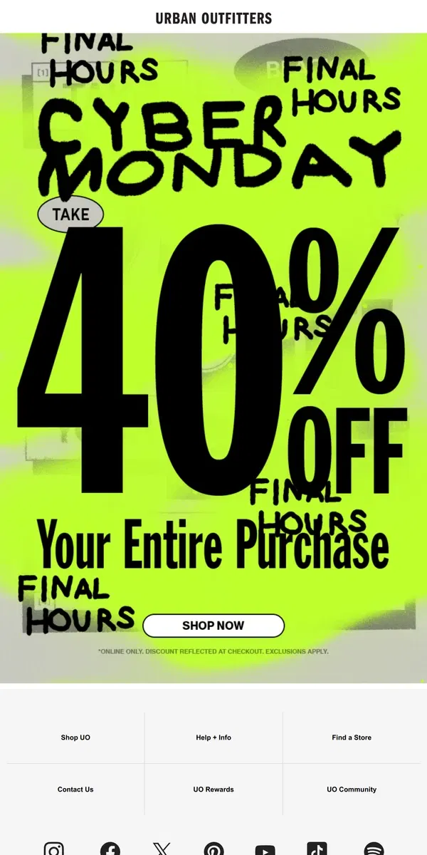 Email from Urban Outfitters. LAST CALL: Cyber Monday ends soon!