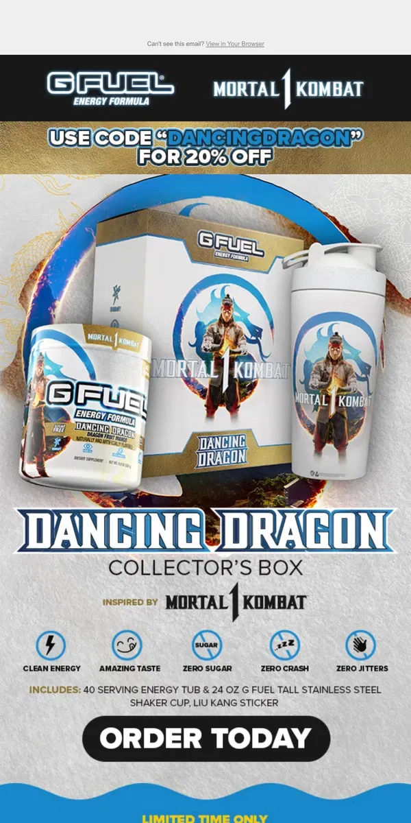 Email from G FUEL. Unleash the Fury with the “Mortal Kombat 1” Dancing Dragon Kollector’s Box! 🐉🎮