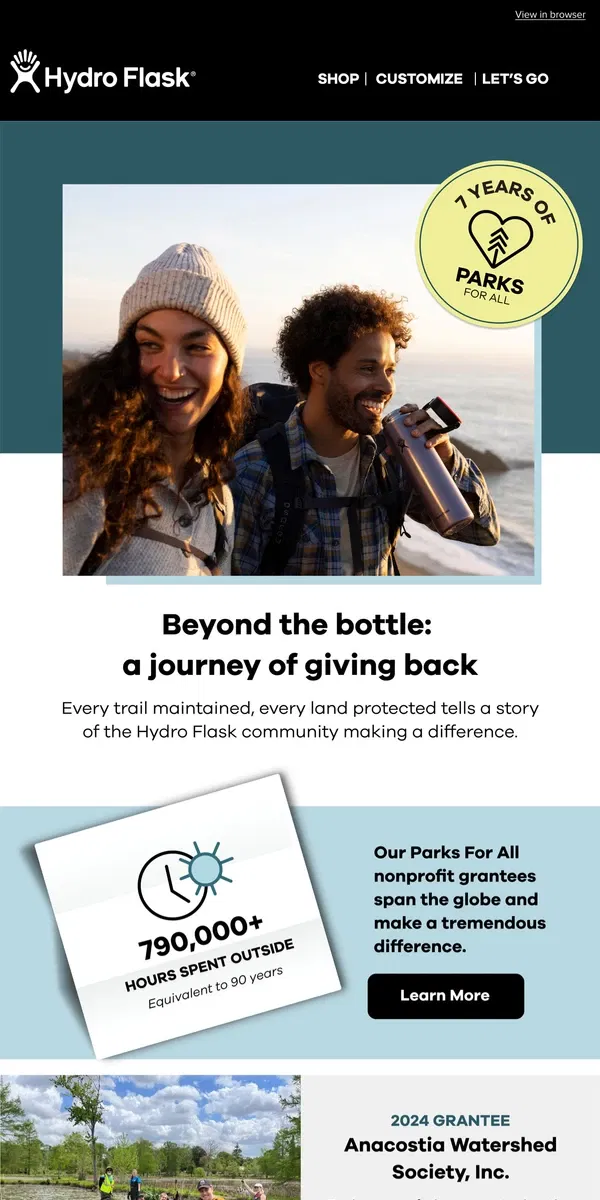 Email from Hydro Flask. 7 years, $3.7M donated, 96K bottles donated.