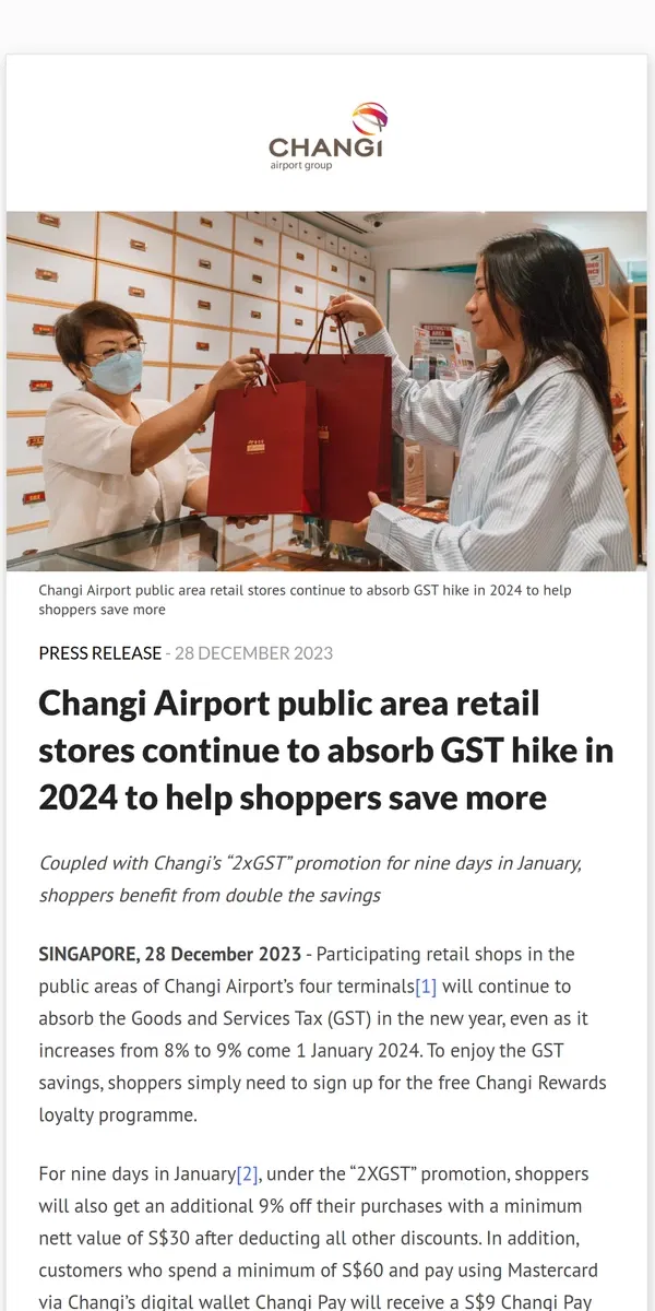 Email from Changi Airport. Changi Airport public area retail stores continue to absorb GST hike in 2024 to help shoppers save more