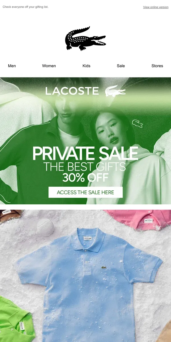 Email from Lacoste. Private Sale: Gifts 30% Off