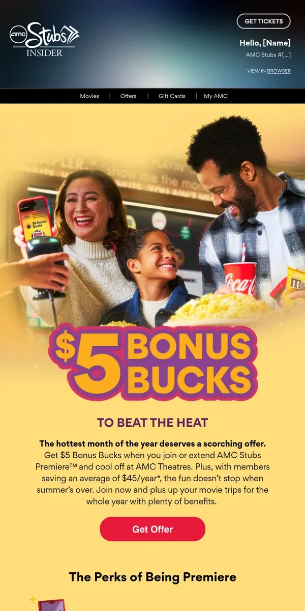 Email from AMC Theatres. Dive Right Into Premiere With $5 Bonus Bucks