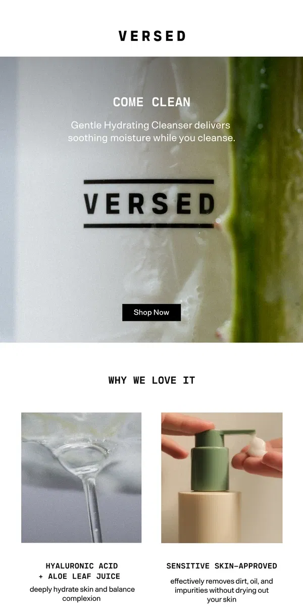 Email from Versed Skin. A Comfortable, Conditioning Cleanse