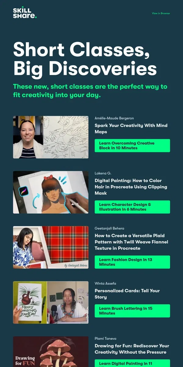 Email from Skillshare. Classes Under 30 Minutes, Picked For You