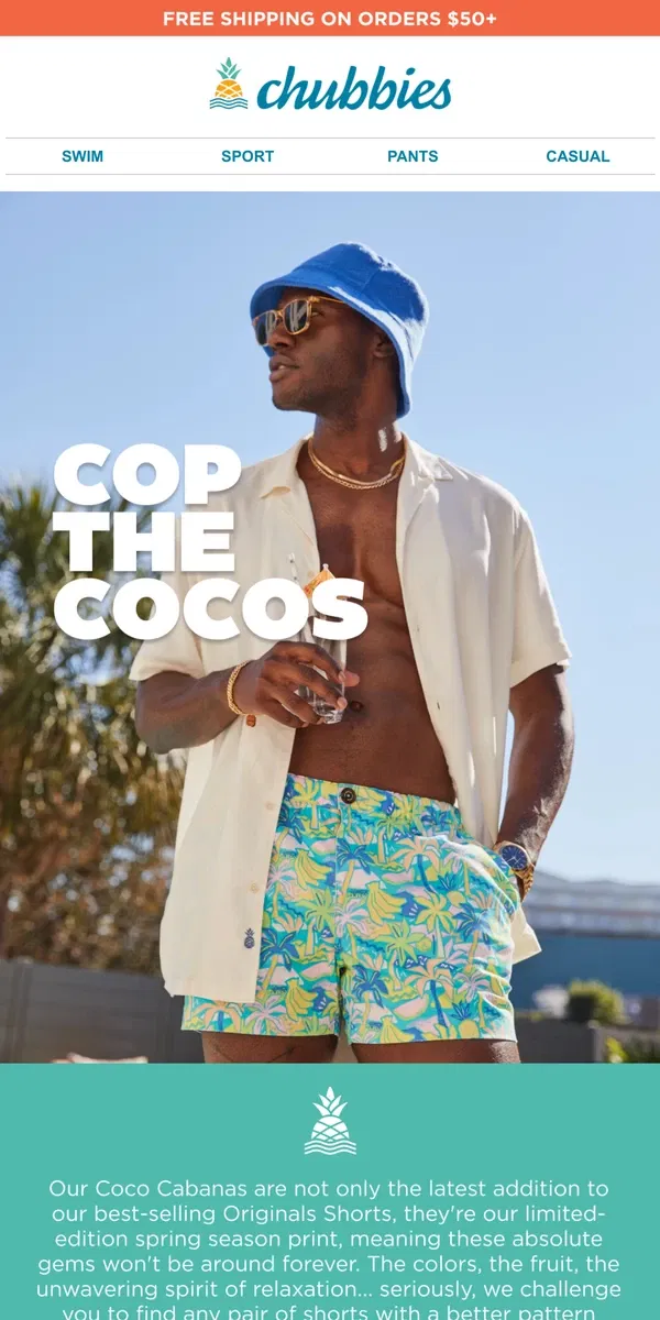 Email from Chubbies Shorts. Coco Cabanas 🍌🌴