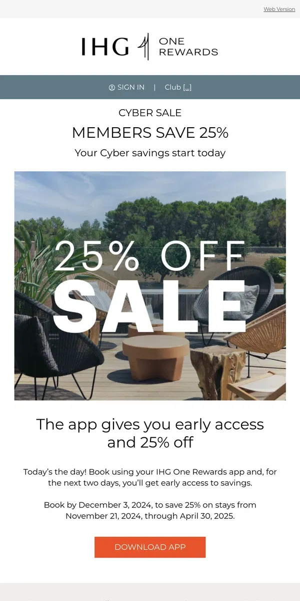 Email from IHG Hotels & Resorts. Early Cyber savings: Save 25% in the app