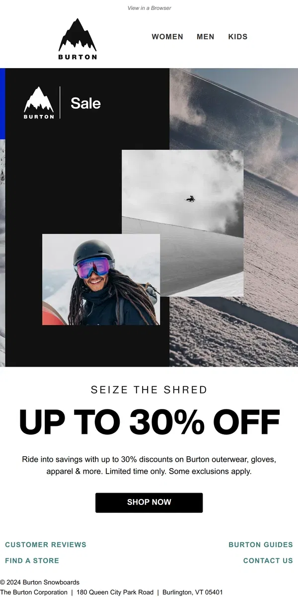 Email from Burton. Fresh Savings: Up to 30% Off