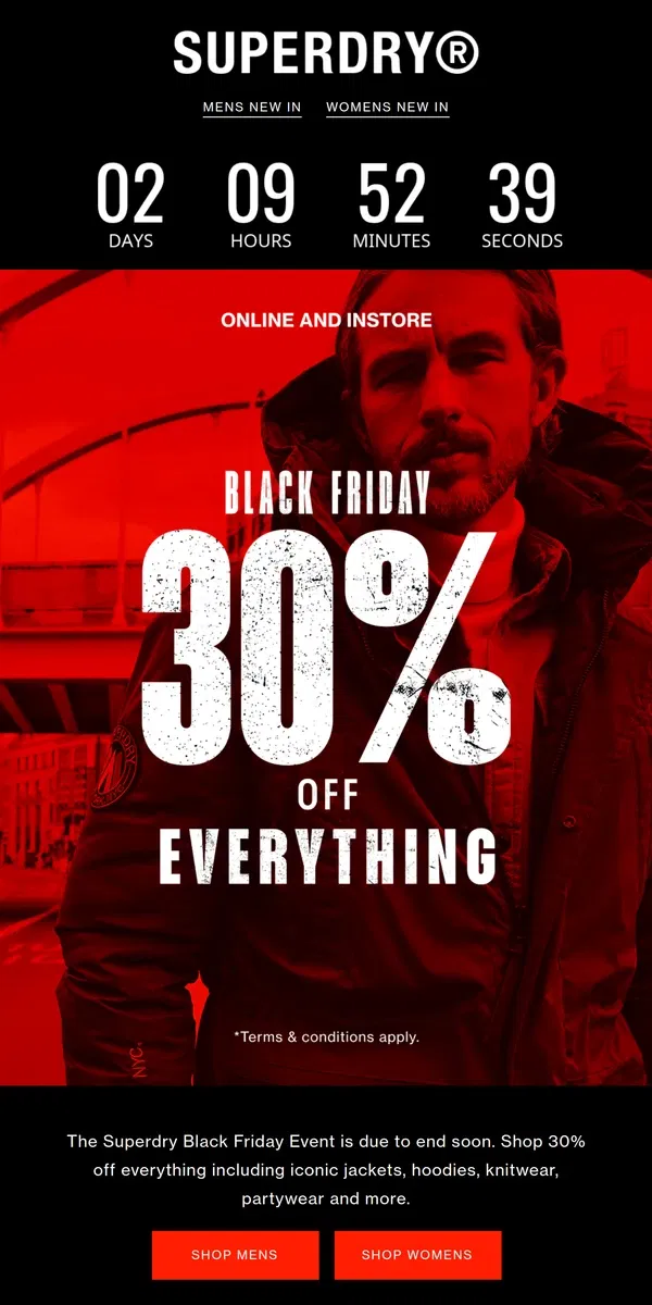 Email from Superdry. Black Friday 30% Off Everything Ends Soon ❗