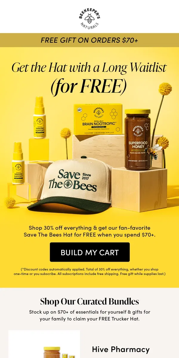 Email from Beekeeper's Naturals. Get 30% Off Your Wellness Routine + a FREE Hat 🧢