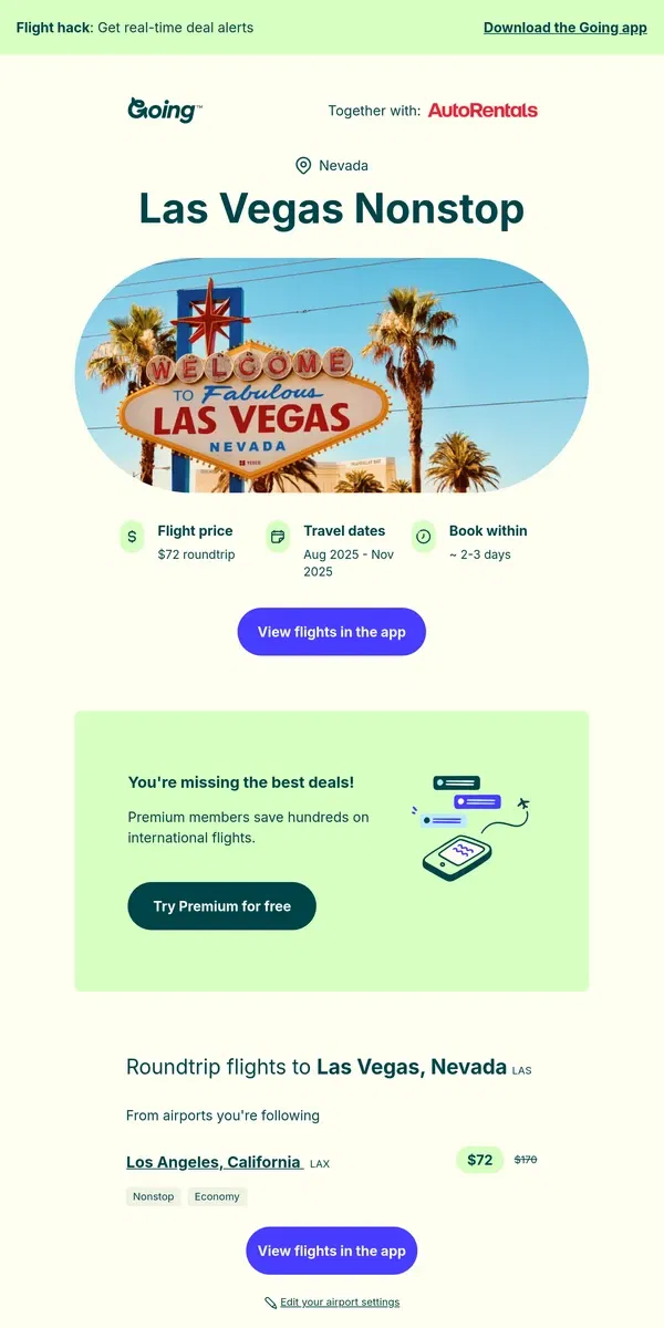 Email from Going. 🎲 *nonstop* Las Vegas —  $72 (Aug-Nov)
