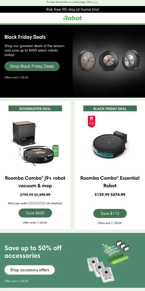 Email from iRobot. Black Friday Deals are here – save up to $600 today!