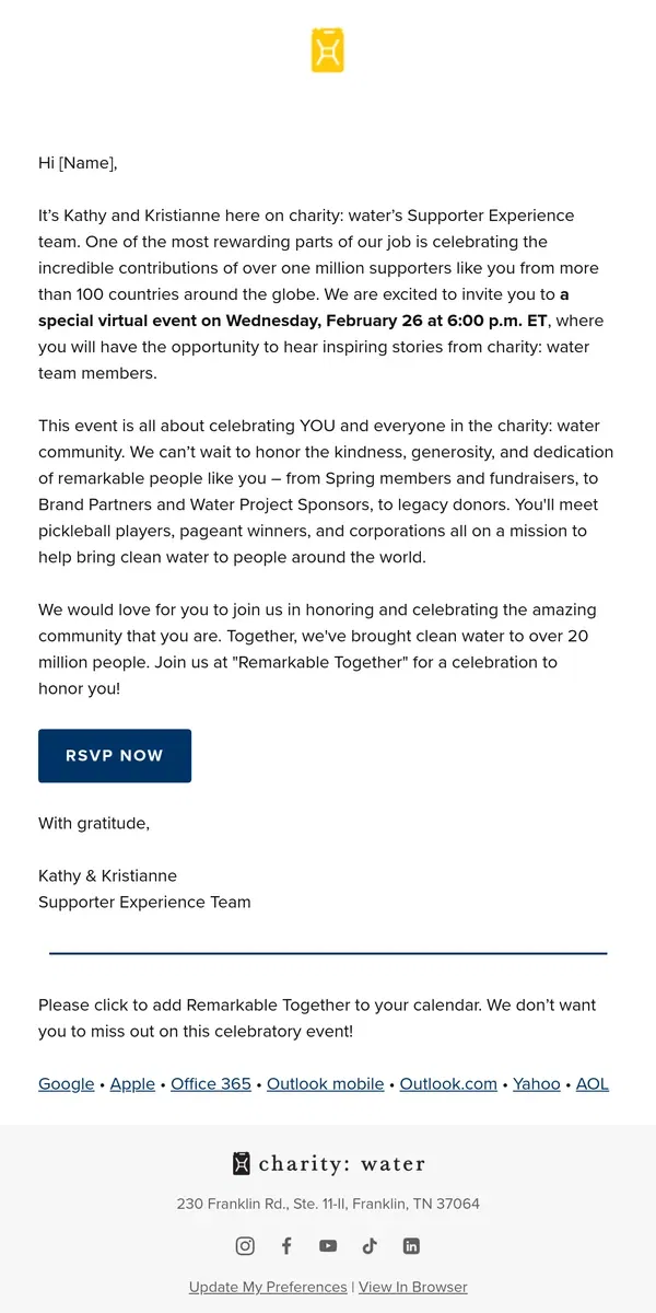 Email from charity: water. You’re invited to a celebration of *you*