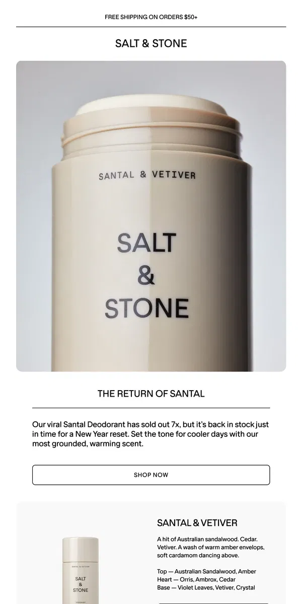 Email from SALT & STONE. The Santal Deodorant is Back in Stock