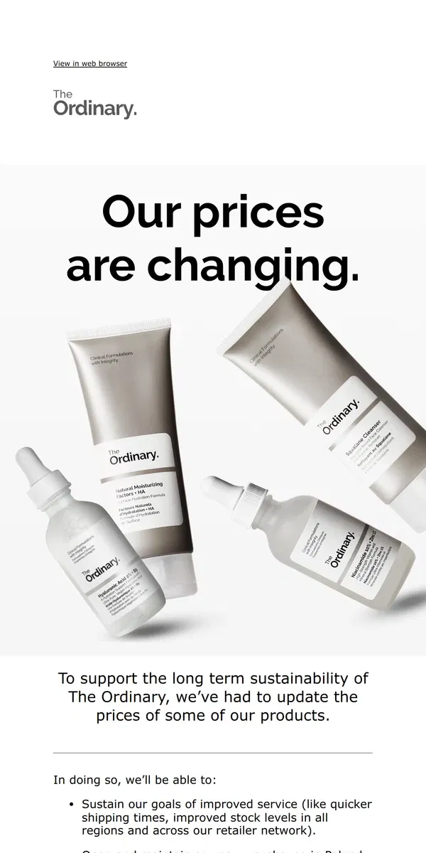 Email from The Ordinary. Our prices are changing.