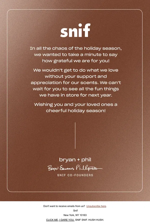 Email from Snif. Our holiday card to you. 💌