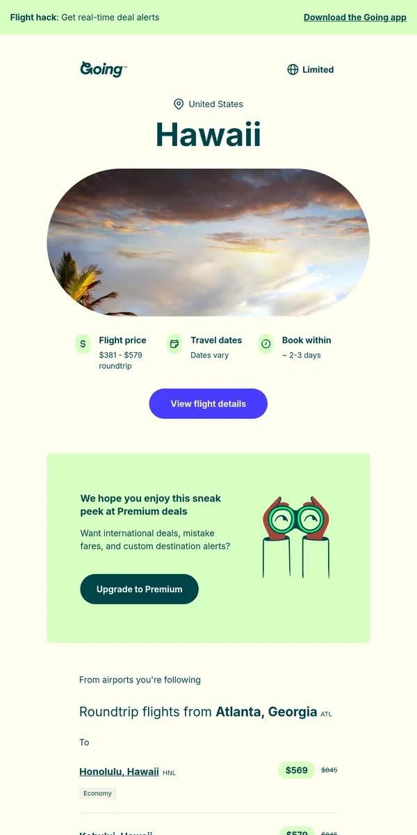 Email from Going. 🤩 *Premium* Hawaii —  $381 to $579 (Feb-Jun / Aug-Nov)