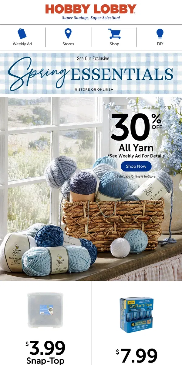 Email from Hobby Lobby. Cozy Crafting With 30% Off All Yarn 🧶