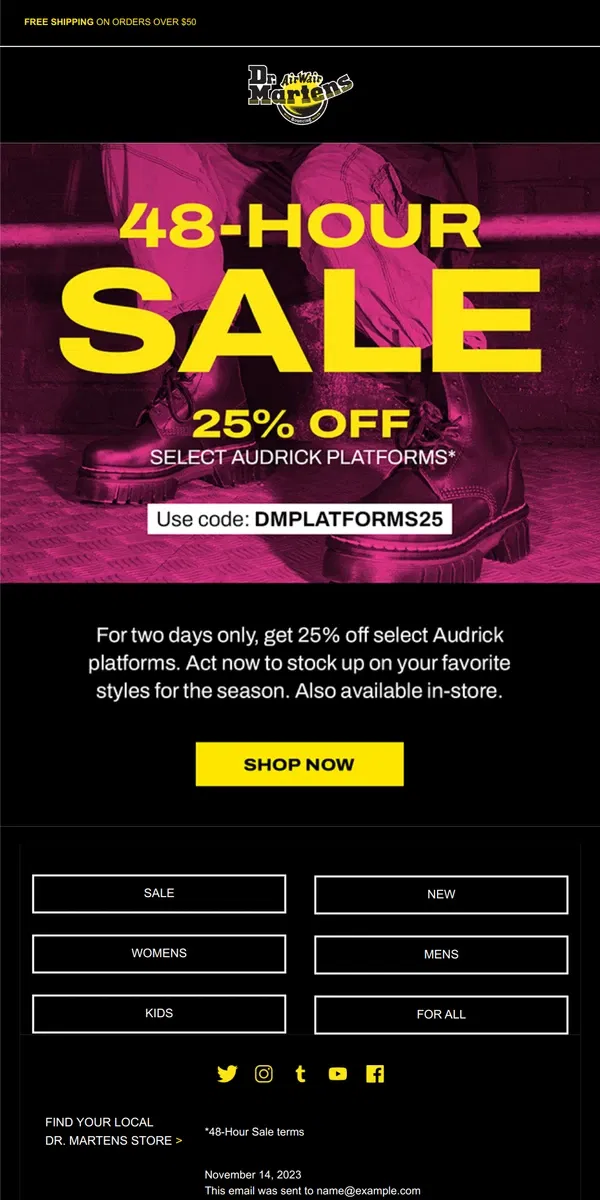 Email from Dr. Martens. Sale: 25% off select Audrick Platforms 🖤