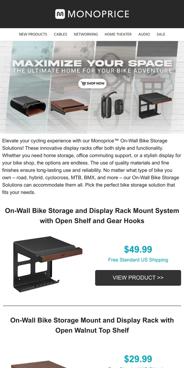 Email from Monoprice. NEW ARRIVALS | Introducing Our Modern Bike Storage Solutions!