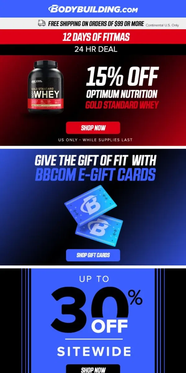 Email from Bodybuilding.com. SAVE on ⚡ ENERGY & FOCUS + Today Only: 15% OFF Gold Standard Whey!