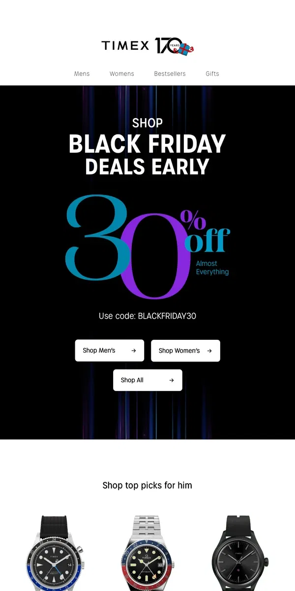 Email from Timex. Shop Early! 30% OFF Black Friday Sale