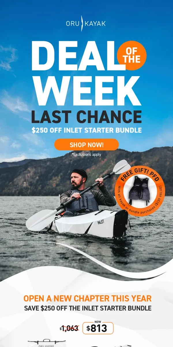 Email from Oru Kayak. Ends Tonight ⏰ $250 Off Inlet Starter Bundle