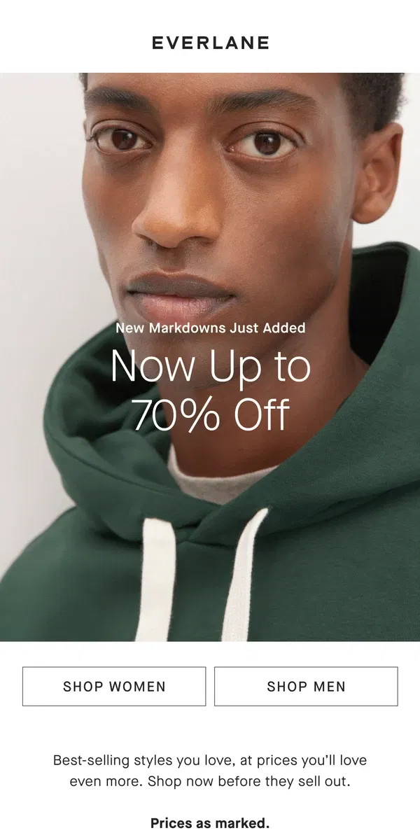 Email from Everlane. New Markdowns Added: Up to 70% Off