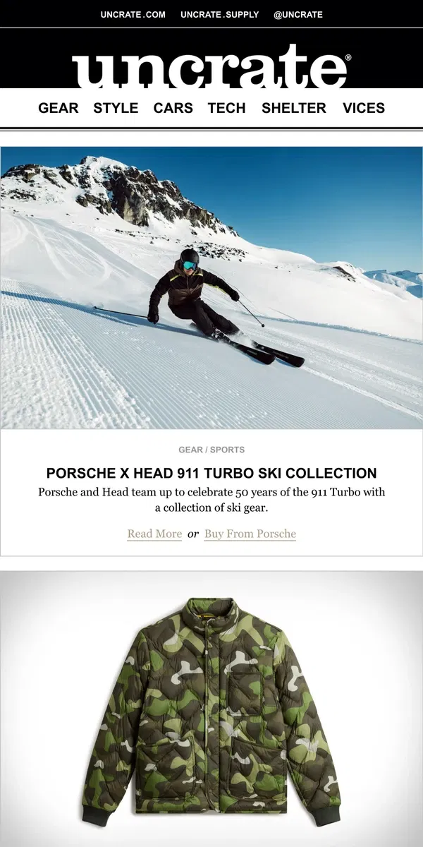 Email from Uncrate. Porsche x Head 911 Turbo Ski Collection & more