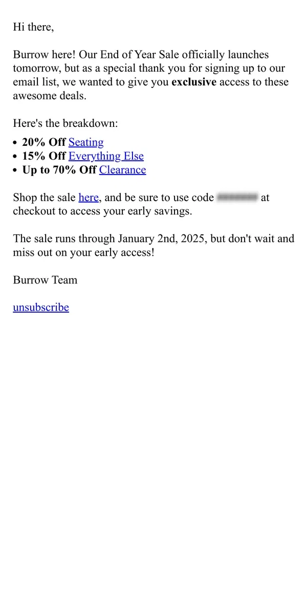 Email from Burrow. Access End of Year Sale deals before anyone else