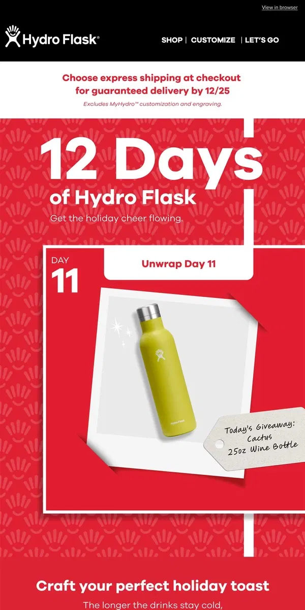 Email from Hydro Flask. Holiday cheers