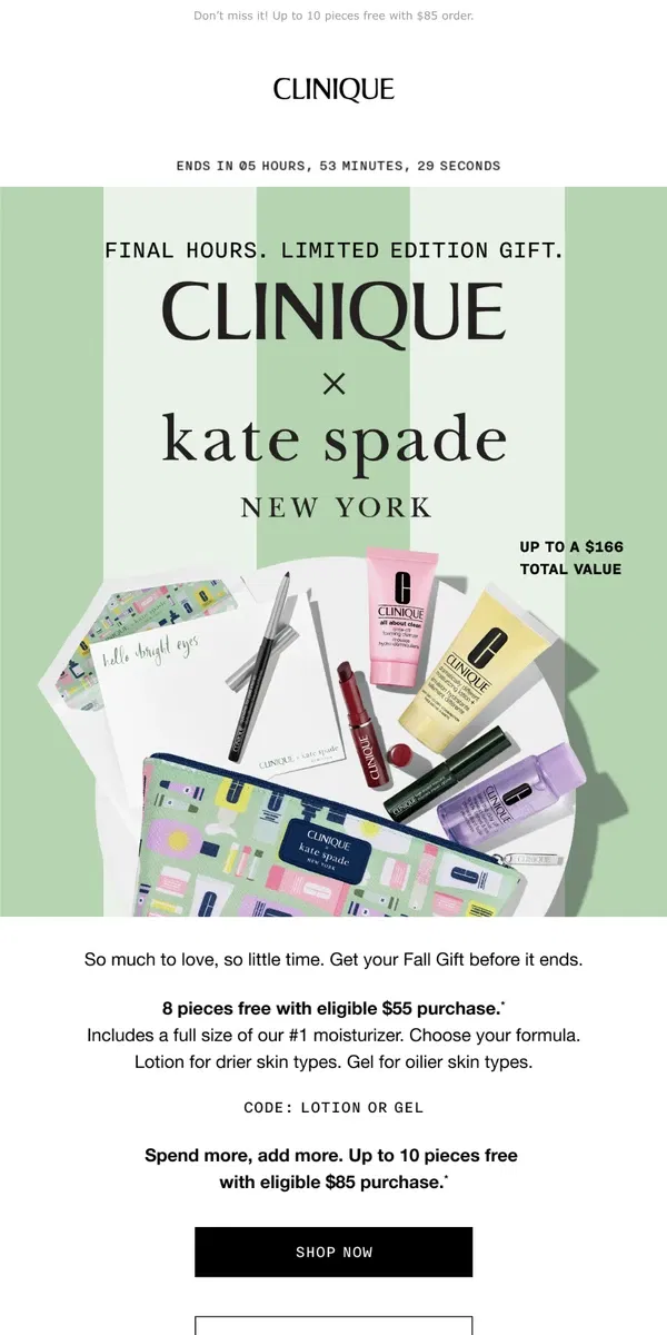 Email from Clinique. FINAL HOURS. Get your Clinique x Kate Spade New York gift.